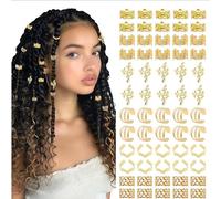 60Pcs Gold Hair Cuffs for Braids, Gold Hair Accessories Beads Charms Rings, Hairs-Jewelry for Girl Women Men Braids Dreadlocks for Music Festivals Parties