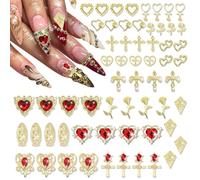 60PCS Gold Nail Charms,3D Chrome Nail Decorations,Virgin Mary Nails Gems and Charms,Roses,Hearts,Crosses Patterns Glitter Nails Decorations,for Nailes Designs,DIY Crafts