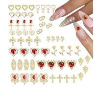 60PCS Gold Nail Charms & Gems - 3D Heart, Crystal Rhinestone, Rose & Virgin Mary Designs. Luxury Metal Nail Gems for Manicure, DIY Nail Art Decor. Idea for Stunning Nail Designs & Decorations