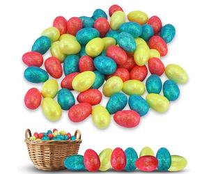 60PCs Happy Easter Glitter Eggs 3cm - Mini Eggs for Bonnet Hat Party Home Decoration, Craft Glitter Foam Egg Ornaments, Hoppy Easter Art and Craft Gift Basket Fillers