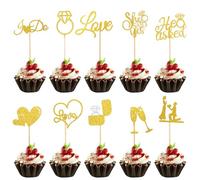 60PCS He Asked She Said Yes Cupcake Toppers, Gold Glitter Engagement Cupcake Toppers Diamond Ring Cupcake Picks Engagement Cake Decorations for Wedding Party Cake Decorations Gold