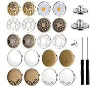 60Pcs Jeans Metal Buttons 17mm 20mm No Sew Metal Button 10 Patterns Adjustable Reusable Instant Jean Button Replacement Kits with Combo Thread Rivets Screwdrivers for DIY Crafts Clothing
