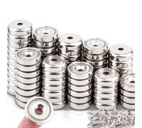 60pcs Magnets with Holes, 12Kg+ Pulling 0.79" Strong Neodymium Magnets with Screws, Muti-Use Waterproof Round Base Cup Magnet Heavy Duty, Magnet s Countersunk Holes for Crafts Kitchen Wood Hanging