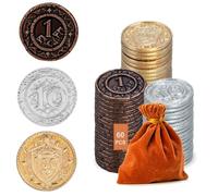 60PCS Metal Coins for Board Games, Mixed Gold/Silver/Copper Values