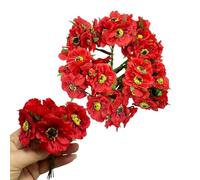 60pcs Mini Artificial Poppy Flowers Heads and Soft Stem,45mm Tiny Anemone Flower add Green Leaf for DIY Wedding Make Bridal Hair Clips,Cake Top,Wrist Corsage Boutonniere,Wreath Bracelet Flower (Red)