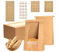 60Pcs Paper Bread Bags, XingyLi Large Brown Bakery Bag with Window Tin Tie Tab Lock, Kraft Food Packaging with 60 Seal Stickers, Sourdough Bread Toast for Sandwiches (14.1''X9.7''X3.5'')