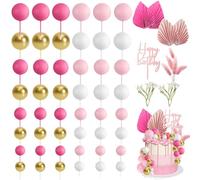 60Pcs Pink Cake Decorations, Pink Cake Balls Decoration, Gold Palm Leaves Cake Toppers, DIY Cake Decorations Flowers for Birthday Party Wedding Valentine's Day