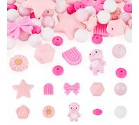 60Pcs Pink Silicone Focal Beads for Pens Round Bow Bear Silicone Beads for Keychain Making Assorted Pig Rose Star Bead for DIY Crafts Valentines Bracelet Jewelry Making