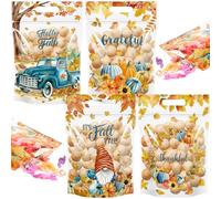 60pcs Thanksgiving Plastic Resealable Treat Bags,Maple Leaves Pumpkin Candy Gift Bag with Handle,Fall Goodie Pouch for Autumn Harvest Party Favors Decorations Supplies,9X6inch (Blue Orange)