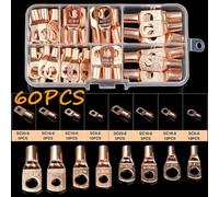 60pcs Tinned Copper Tube Terminals for Battery Cable Welding Ring Lugs Crimp Connectors with Printed Wire and Stud Size