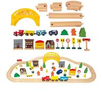 60Pcs Train Set for 3 Year Old Boys, Double-Side Wooden Train Set Tracks for Toddlers, Fits Brio, Thomas, Melissa and Doug, Kids Wood Train Toys for 3 4 5 Year Old Boys and Girls (Yellow)