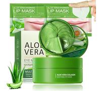 60Pcs Under Eye Gel Patches + 2Pcs Hydrating Lip Sleeping Mask, Aloe Vera & Collagen Eye Mask for Puffy Eyes, Dark Circles with Moisturising Lip Mask, Skincare for Men & Women