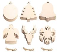 60PCS Wooden Decorations for Crafting, 6 Styles Wooden Christmas Tree Decorations with Holes and String, Christmas Decorations Include Snowflake, Bell, Reindeer, Christmas Tree