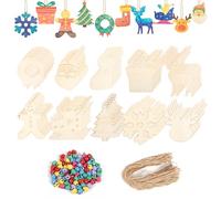60pcs Wooden DIY Christmas Decorations, Unfinished Woodens Christmas Crafts, Hanging Tree Decorations With Snowman Deer Bell Snowflake, Xmas Gifts Set for Kids Crafting Colored Ropes (Without Pen)