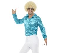 60s 70s Disco Shirt Satin Blue Retro Disco Dancing Fancy Dress Mens