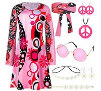 60s 70s Fancy Dress for Women, 1970s Hippie Costume Clothes Accessories Set with Floral Skirt Headband Earring Bracelet Sunglasses Necklace 70s Hippy Disco Outfit for Dress Up Party Retro Party