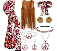 60s 70s Fancy Dress Hippie Costume Set for Women, Hippy Outfit with Accessories Fringe Vest Disco Flared Trousres Headband Glasses Necklace 70s Hippy Style Ladies Clothes for Retro Party Supplies