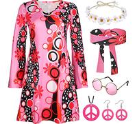 60s 70s Fancy Dress Women 1960s 1970s Hippie Hippy Fancy Dress Up Costume for Women Adult Ladies 70s Hippie Costume Hippy Clothes for Women Disco Outfit 70s Flower Dress & 70s Accessories (S)