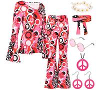 60s 70s Fancy Dress Women Hippie Costume Clothes & 70s Fancy Dress Women Disco Flared Trousers with Hippie Accessories 1970s 1960s Hippy Fancy Dress for Women 70 Style Ladies Fancy Dress Outfit (S)