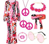 60s 70s Fancy Dress Women Hippie Costume Set, Hippie Outfit with 70s Accessories Disco Flared Trousers Necklace Earring Headband Glasses 70 Hippy Style Ladies Clothes for Ladies Dress Up Retro Party