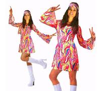 60s 70s Flower Power Hippy Retro Gogo Fancy Dress Size Large (Women: 12-14) - 60s Hippy Costume, Multi-Coloured with Dress and Headband, 1960's Groovy Fancy Dress, Adult Dress Up Costumes