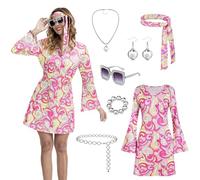 60s 70s Hippie Costume for Women - 7 Piece Disco Party Outfit with Flared Dress, Peace Sign Necklace, Earrings, Headband, Sunglasses, Bracelet and Waist Chain (Pink, S)