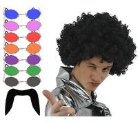 60s 70S MAN COSTUME ACCESSORY SET - PERFECT FOR ANY FANCY DRESS PARTY - INCLUDES: BLACK CURLY AFRO WIG, GREEN HIPPY SUNGLASSES AND 70s STYLE STICK ON MOUSTACHE