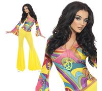 60s Groovy Babe Hippy Lady Costume Flares Psychedelic Womens Fancy Dress New