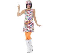 Smiffys 60's Groovy Chick Costume, Multi-Coloured with Dress & Hat, 1960's Groovy Fancy Dress, 1960s Dress Up Costumes
