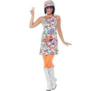 Smiffys 60's Groovy Chick Costume, Multi-Coloured with Dress & Hat, 1960's Groovy Fancy Dress, 1960s Dress Up Costumes