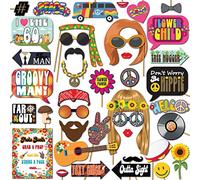 60s Photo Booth Props - 41-pc Photo Booth Kit with 8 x 10-Inch Sign, 60 Adhesive Pads, 45 Sticks - Hippie Photo Booth Props - 1960 Party Supplies - Props for Woodstock Party