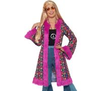 Smiffys 60s Psychedelic Hippie Coat, Pink with Fur Trim, 1960's Groovy Fancy Dress, 1960s Dress Up Costumes