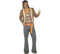 Smiffys 60s Singer Costume, Male, Multi-Coloured Top, Waiscoat, Trousers, Belt & Headband, 1960's Groovy Fancy Dress, Adult Dress Up Costumes