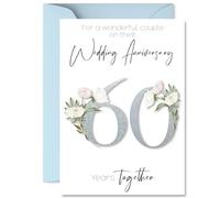 60th Anniversary Card for Women Men - Fancy Floral Flowers - Happy 60 Year Anniversary Card for Companion Wife Partner Husband, A5 Wedding Anniversaries Greeting Cards