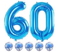 60th Birthday 40 Inch Giant Blue Foil Number Balloon Kit With Confetti - Digit 6 & 0 Helium for Men, Boys, Girls, Women - 60th Anniversary Party Decorations