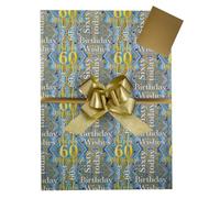60th Birthday Age 60 Sixty Gift Wrap Pack, 2 Sheets, 2 Tags and 2 Gold Paporlene Ribbed Pull Bows. Male Female Sixtieth Birthday Gift Present