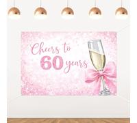 60th Birthday Backdrop Pink Coquette Bow Cheers Champagne Happy Birthday Party Decorations Banner for Women Men Photography Supplies Background Happy Birthday Decoration