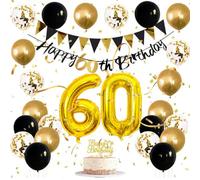 60th Birthday Black And Gold Decorations Set With Balloons And Banner - Complete Party Supplies For Milestone Celebrations Including Cake Topper, Bunting Flags And Confetti Balloons