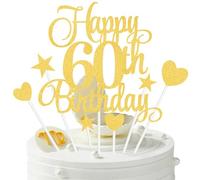60th Birthday Cake Decorations, 7Pcs Happy Birthday Cake Topper with Heart Star Cupcake Picks, Gold Glitter Happy 60 Years Old Birthday's Sign for Party Supplies