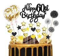 60th Birthday Cake Topper Black Gold, Glitter Happy 60th Birthday Cake Topper Kit, 60th Birthday Cake Toppers for Men Women, 25pcs Birthday Cupcake Toppers for Sixty Birthday Anniversary Party Decor