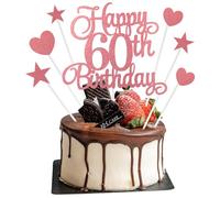60th Birthday Cake Topper Decorations, 7Pcs Personalised Happy 60th Birthday Cake Topper with Heart Star Cupcake Picks, Rose Gold Glitter Happy 60 Years Old Birthdays Sign for Birthdays Party Supplies