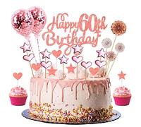 60th Birthday Cake Topper Rose Gold, Glitter Happy 60th Birthday Cake Topper Kit with Star Heart Paper Fan Confetti Balloons, Cupcake Topper for Women 60 Years Old Anniversary Party Cake Decorations