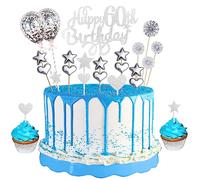 60th Birthday Cake Topper Silver Glitter Happy 60th Birthday Cake Topper for Men Women 23pcs Happy Birthday Sign for Cake Decor Sixtieth Birthday Party Cupcake Topper with Star Heart Confetti Balloons