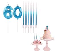 60th Birthday Candles Blue Number 60 Candles for Birthday Cake with Blue Long Candles, Blue 60 Candles for Cake Birthday Cake Topper Decorations for Men Birthday Party