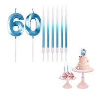 60th Birthday Candles Blue Number 60 Candles for Birthday Cake with Blue Long Candles, Blue 60 Candles for Cake Birthday Cake Topper Decorations for Men Birthday Party
