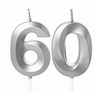 60th Birthday Candles - Number 60 Candles for Cake, Silver 60 Birthday Candles, Cake Toppers for 60 Year Olds