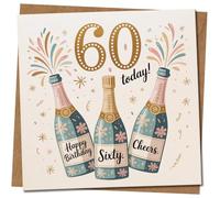 60th Birthday Card, Champagne Bottles & Confetti, 145mm x 145mm Square, '60 Today! Happy Birthday, Sixty, Cheers', Sixtieth Milestone for Him or Her, Kraft, Includes Kraft Envelope