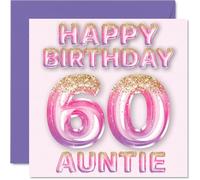 60th Birthday Card for Auntie - Pink & Purple Glitter Balloons - Happy Birthday Cards for 60 Year Old Aunt Aunty from Nephew Niece, 145mm Bday Greeting Cards Gift