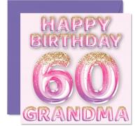 60th Birthday Card for Grandma - Pink & Purple Glitter Balloons - Happy Birthday Cards for 60 Year Old Grandma from Grandson Granddaughter, 145mm Bday Greeting Cards Gift