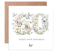 60th Birthday Card for Her, Age 60 Female Any Relation, Keepsake Floral 60 Design with Kraft Envelope, 14x14cm Folded Card